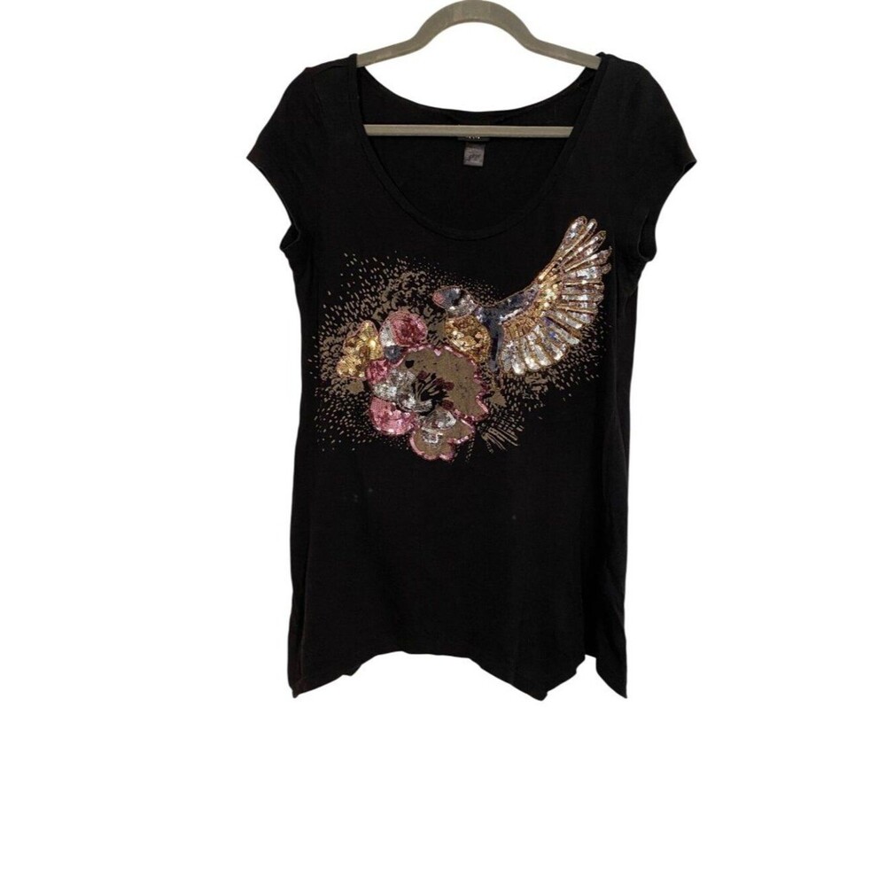 H & M Tee Top Women's Small Black Scoop Neck T-Shirt Sequin Bird Floral Boho Y2K